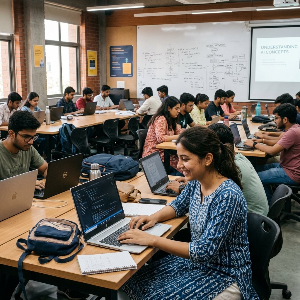 Students at the AI Bootcamp working on laptops