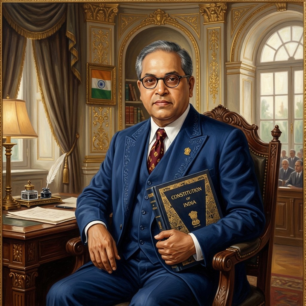 Dignified portrait of Dr. B. R. Ambedkar holding the Constitution of India