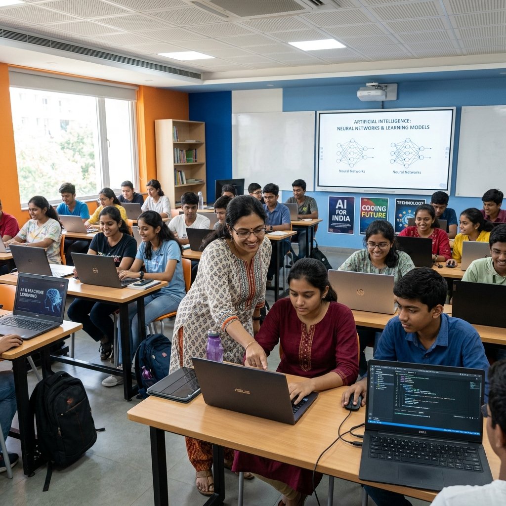 Students learning AI technologies in a modern classroom